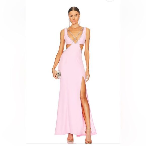 Majorelle Matteson Bubblegum pink gown crystal cut out maxi dress Revolve Flaw